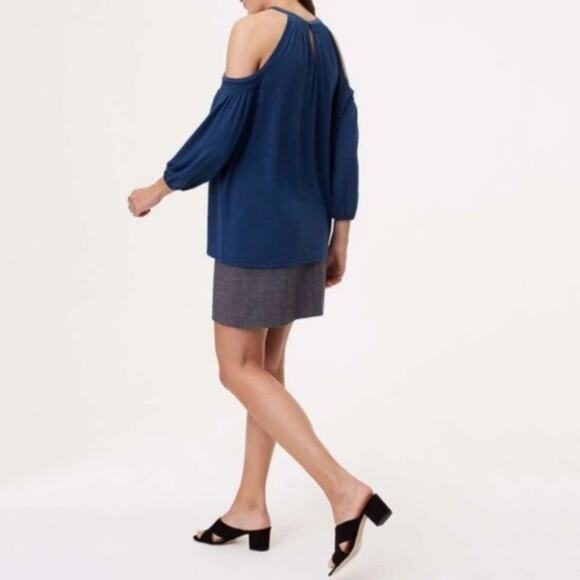 LOFT Blue Smocked Cold Shoulder Top - Picture 7 of 7
